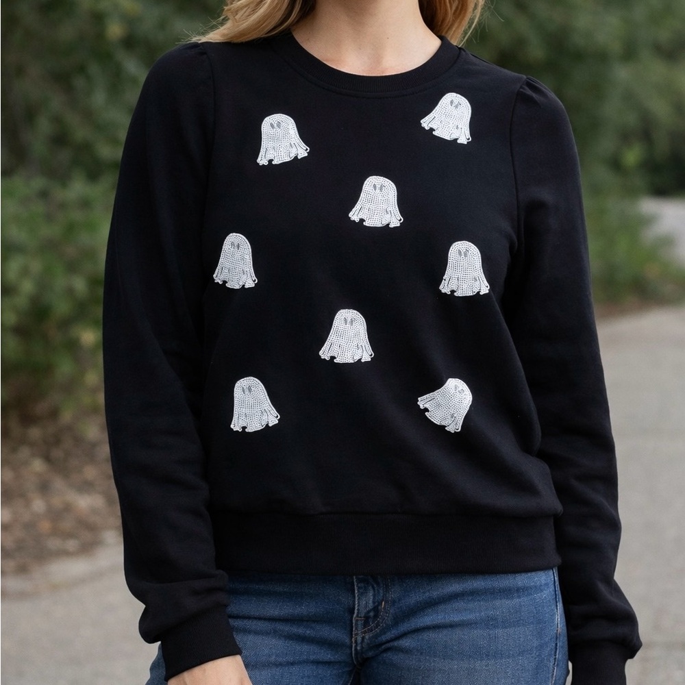 Mary Square Ghosts Sequin Black Sweater Sweatshirt Size Medium